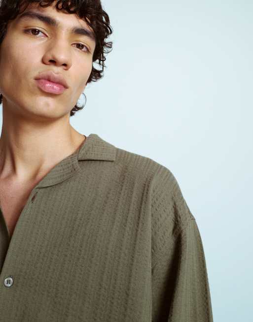Topman boxy oversized fit long sleeve button through jersey shirt with seersucker in khaki, 2 of 4