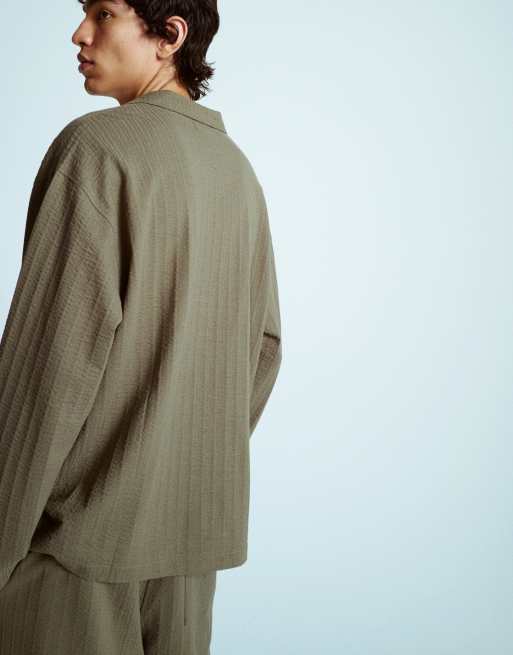 Topman boxy oversized fit long sleeve button through jersey shirt with seersucker in khaki, 4 of 4