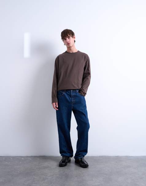 Topman boxy oversized long sleeve t-shirt in brown - view 1
