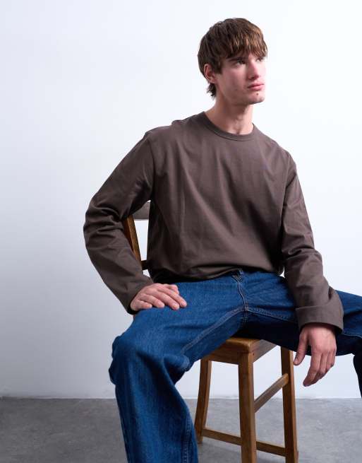Topman boxy oversized long sleeve t-shirt in brown, 2 of 5