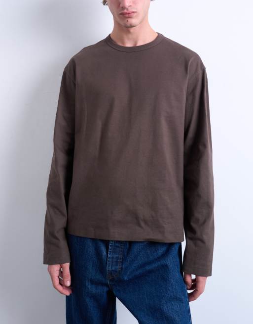 Topman boxy oversized long sleeve t-shirt in brown, 3 of 5