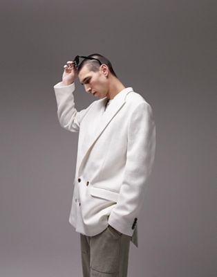 Topman boxy oversized textured blazer in off white