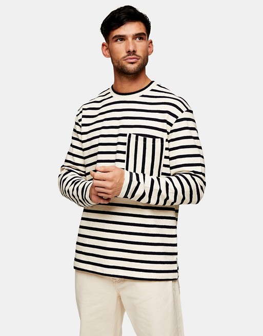Topman boxy pocket stripe sweatshirt in ecru