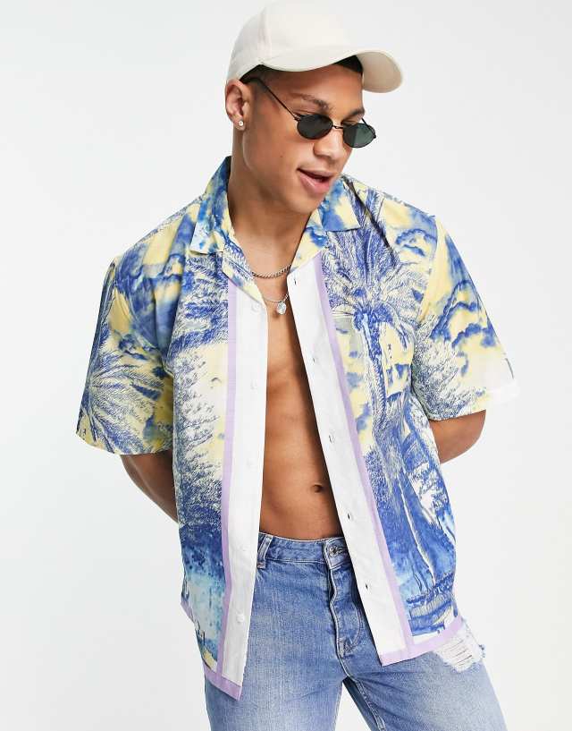 Topman boxy resort shirt with palm print in blue