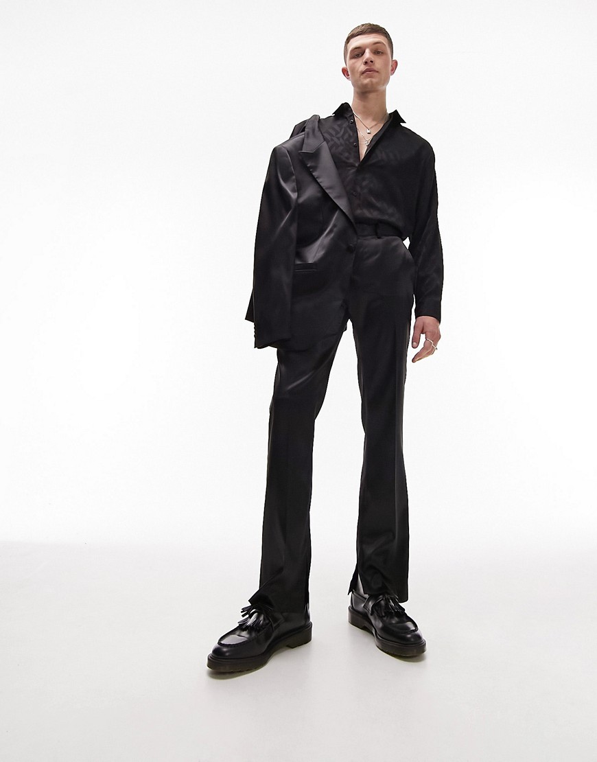 topman boxy slim high shine suit jacket in black