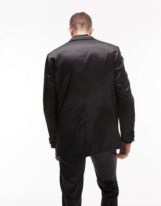 Topman boxy slim high shine suit jacket in black