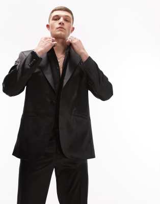 Topman boxy slim high shine suit jacket in black | ASOS