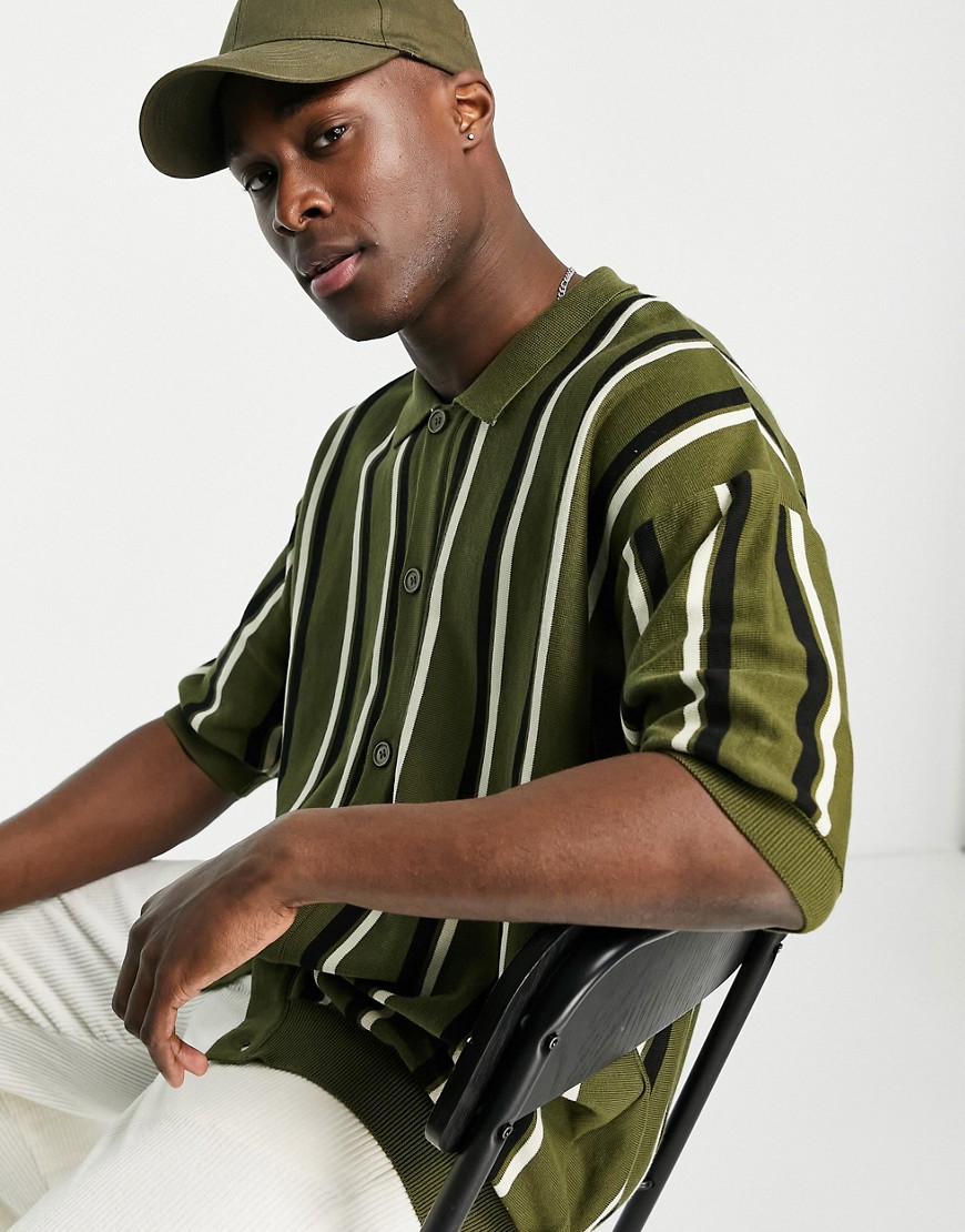 Topman boxy stripe knitted overshirt in khaki-Green