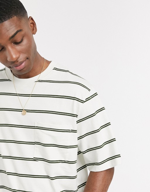 Topman boxy striped t-shirt in off white & khaki