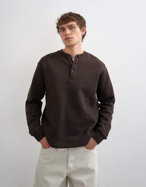 Topman – Brązowa bluza o luźnym kroju z dekoltem henley - view 1