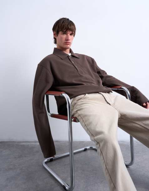 Topman – Brązowa dresowa koszulka polo z waflową strukturą o pudełkowym kroju - view 1