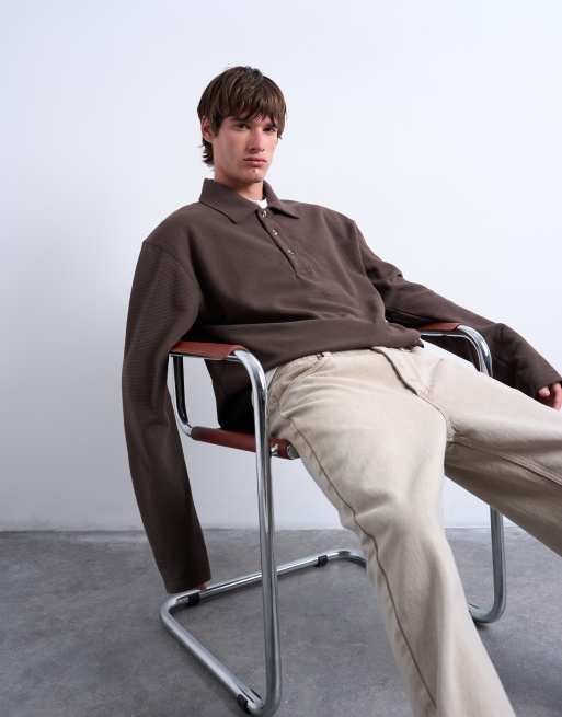 Topman – Brązowa dresowa koszulka polo z waflową strukturą o pudełkowym kroju