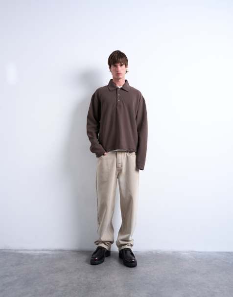 Topman – Brązowa dresowa koszulka polo z waflową strukturą o pudełkowym kroju - view 1