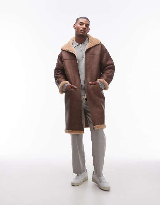 Topman – Brązowa długa kurtka ze sztucznym kożuszkiem