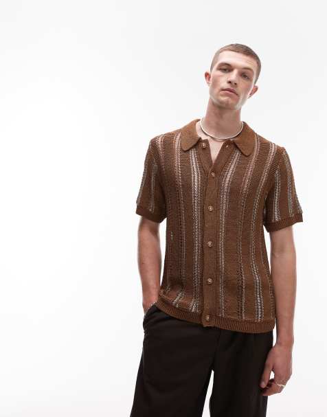 Topman – Brązowa dzianinowa koszulka polo z wiskozy w metaliczne paski z zapięciem na guziki - view 1