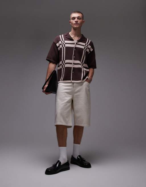 Topman – Brązowa koszula o luźnym kroju z dzianiny w kratę, 4 z 5