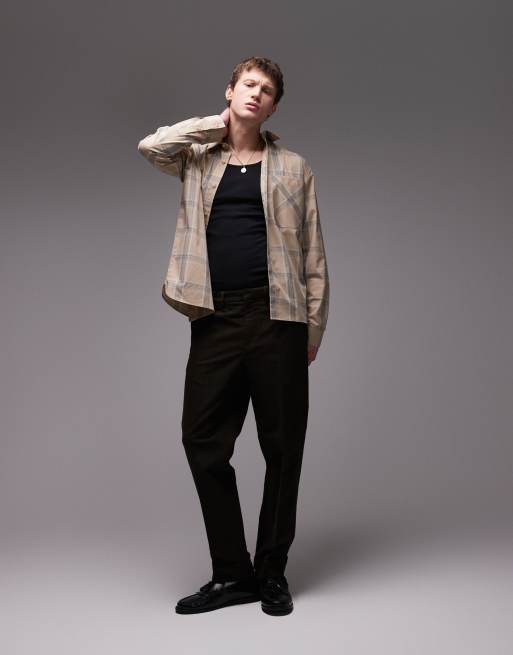 Topman – Brązowa koszula oversize z długimi rękawami w kratę, 3 z 4