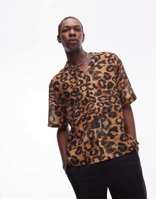 Topman – Brązowa koszula z krótkimi rękawami we wzór w panterkę