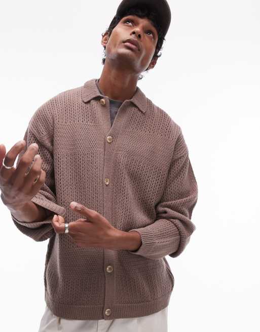 Topman – Brązowa koszulka polo z długim rękawem i kołnierzykiem kubańskim
