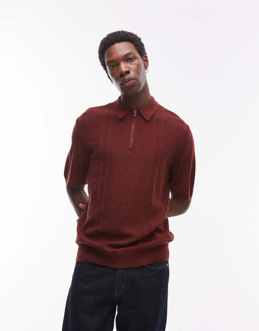 Topman – Brązowa koszulka polo z teksturowanej dzianiny z krótkimi rękawami i zamkiem pod szyją