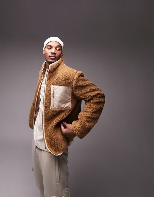 Topman – Brązowa kurtka z kożuszka z nylonowymi wstawkami