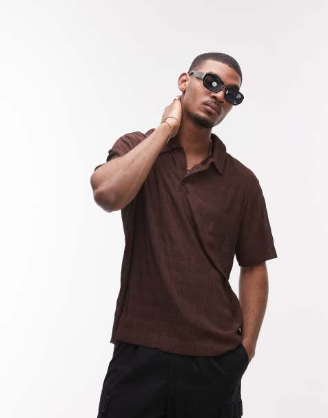 Topman relaxed fit plisse polo in brown