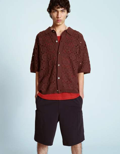 Topman relaxed floral crochet shirt in brown