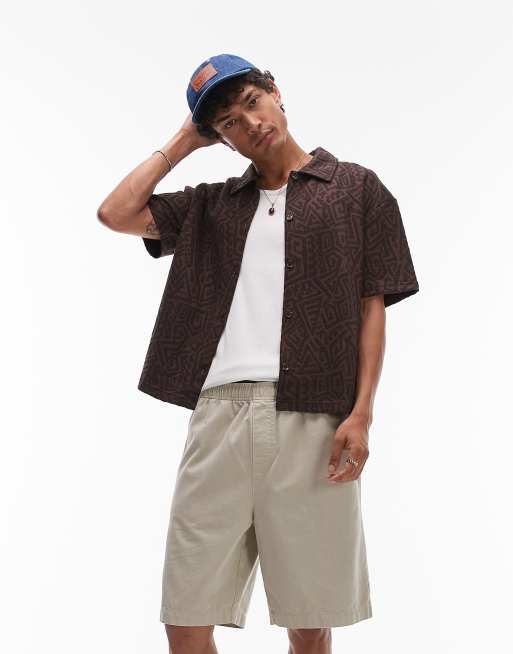 Topman – Brązowa żakardowa koszula oversize z dżerseju z zapięciem na guziki