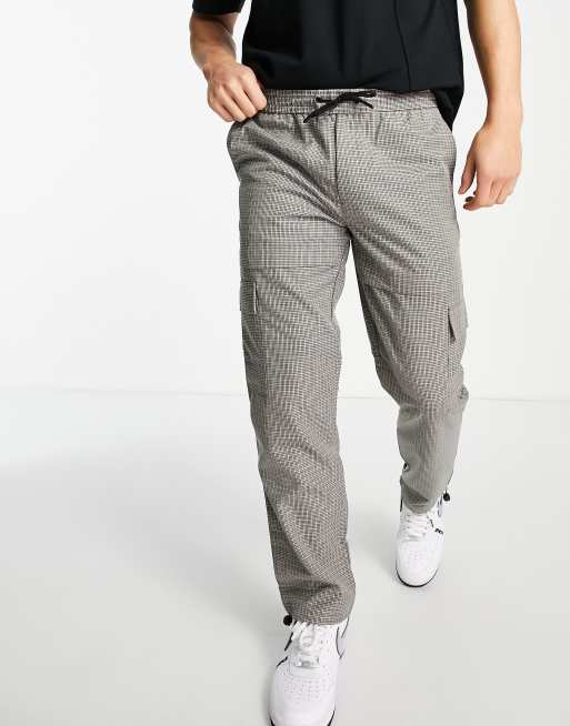Topman – Brązowe spodnie bojówki o obcisłym kroju z widocznym szwem i wzorem w kratę