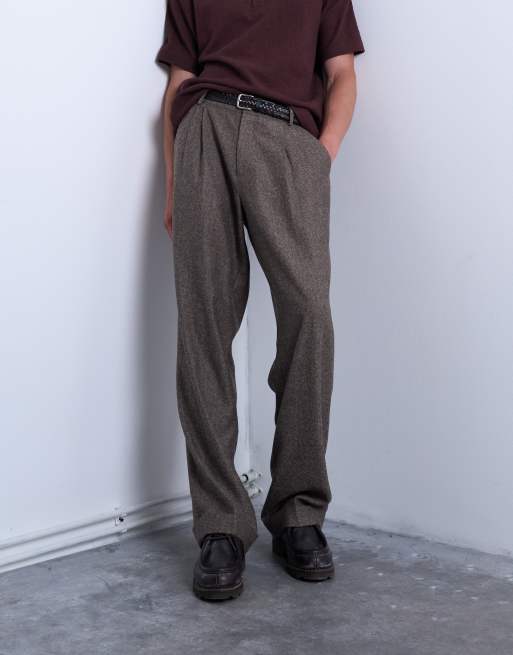 Topman – Brązowe spodnie z szerokimi nogawkami z zaszewkami w jodełkę, 2 z 5