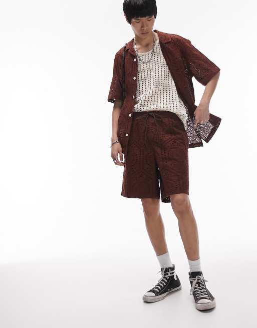 Topman – Brązowe szorty z angielskim haftem, 3 z 4
