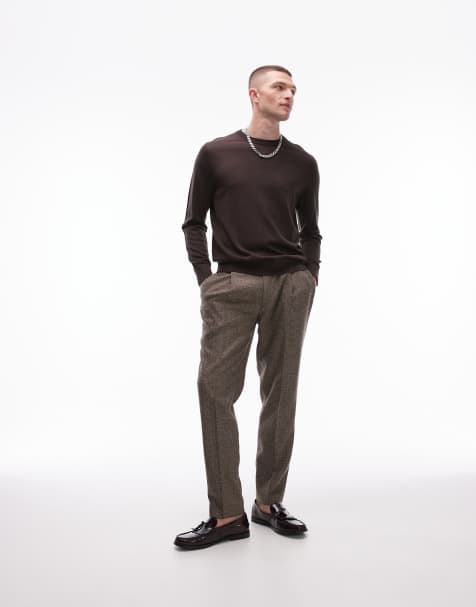 Topman – Brązowe, zwężane spodnie garniturowe w jodełkę - view 1