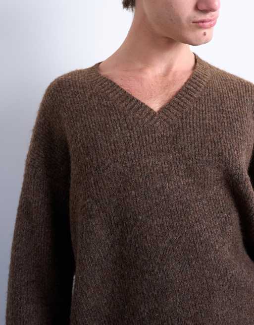 Topman – Brązowy dzianinowy sweter oversize z dekoltem w szpic, 4 z 5