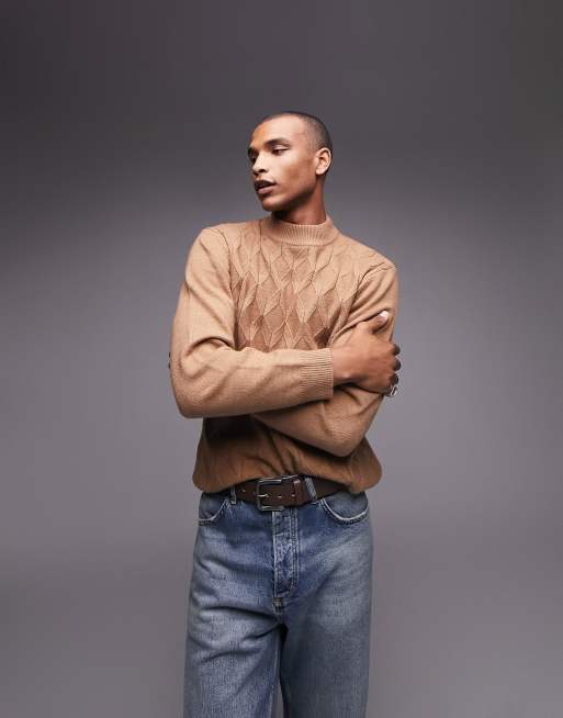 Topman – Brązowy dzianinowy sweter z golfem i wzorem