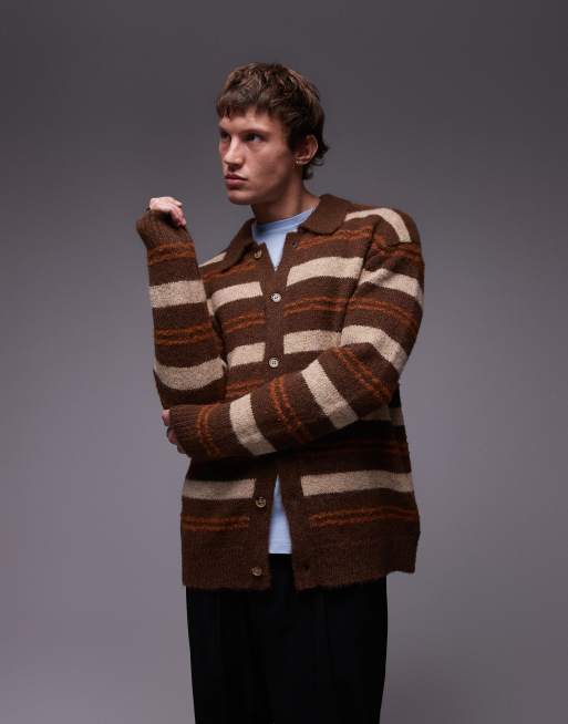 Topman – Brązowy luźny kardigan ze szczotkowanej dzianiny w paski z kołnierzykiem polo
