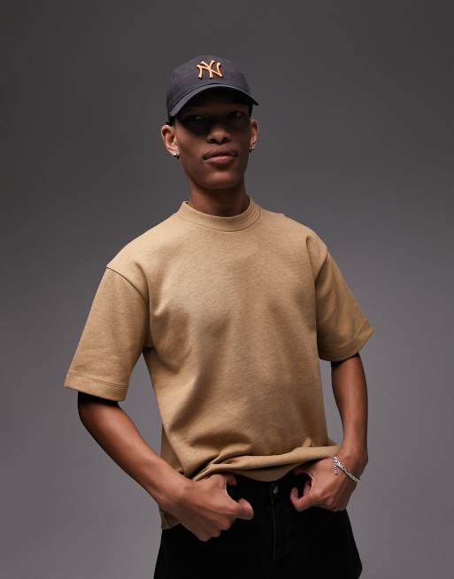 Topman – Brązowy prążkowany T-shirt oversize z grubego materiału w jodełkę