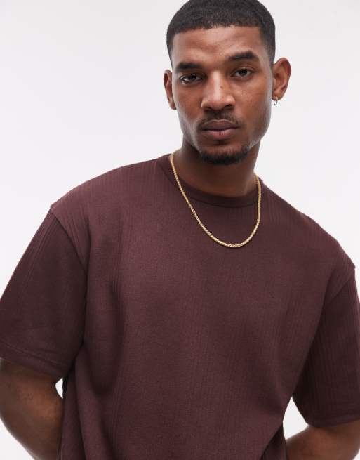 Topman – Brązowy T-shirt oversize w teksturowane paski