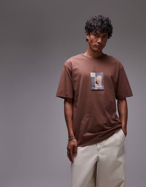 Topman – Brązowy T-shirt oversize z nadrukiem z koktajlem z limonką