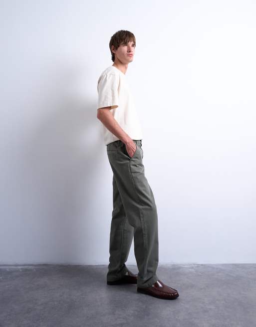 Topman - Broek met rechte pasvorm en visgraatmotief in kaki met wassing, 2 van 5