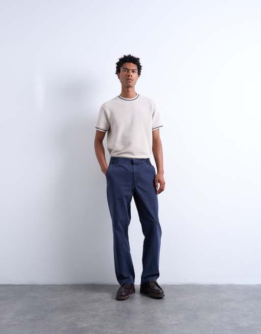 Topman - Broek met rechte pijpen en elastische taille in marineblauwe keperstof, 2 van 5