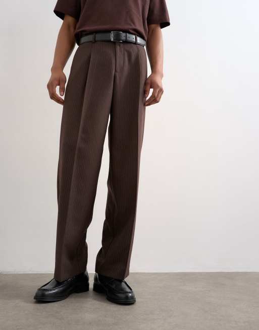 Topman - Broek met wijde pijpen en krijtstreep in bruin, 4 van 5