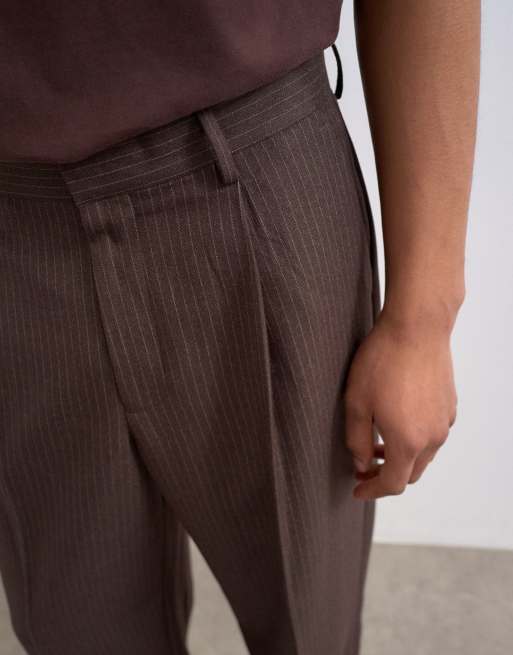 Topman - Broek met wijde pijpen en krijtstreep in bruin, 5 van 5