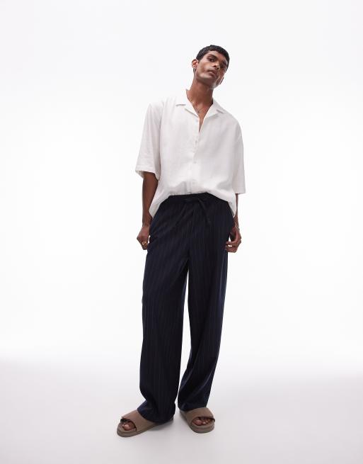 Topman - Broek met wijde pijpen en krijtstreep in marineblauw