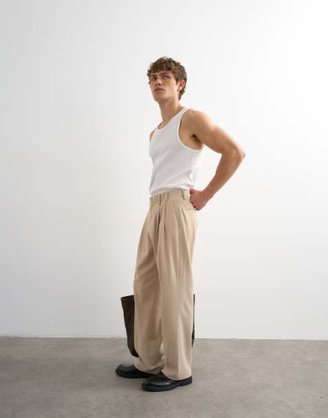 Topman - Broek met wijde pijpen en plooien in stone - view 1