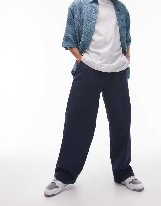Topman - Broek met wijde pijpen en textuur in marineblauw