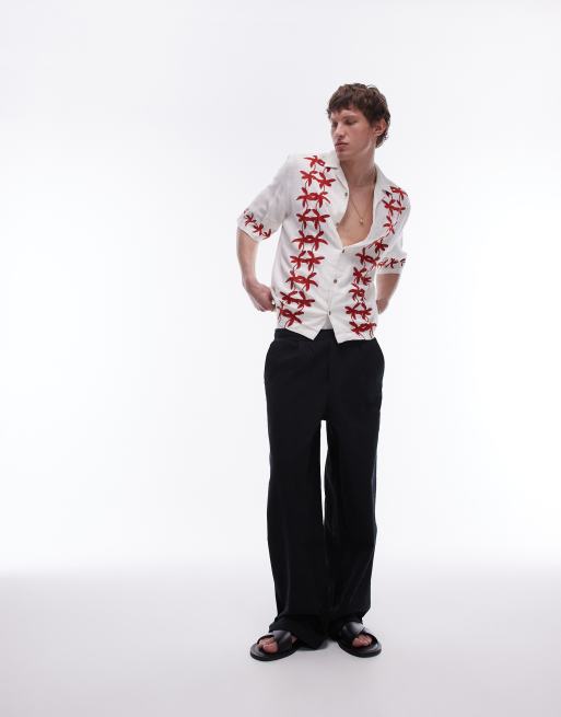 Topman - Broek met wijde pijpen en textuur in zwart