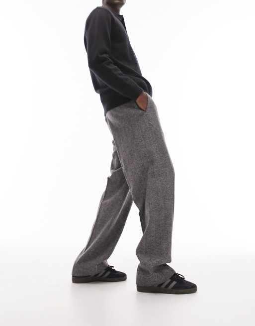 Topman - Broek met wijde pijpen van wolmix met visgraatmotief in grijs