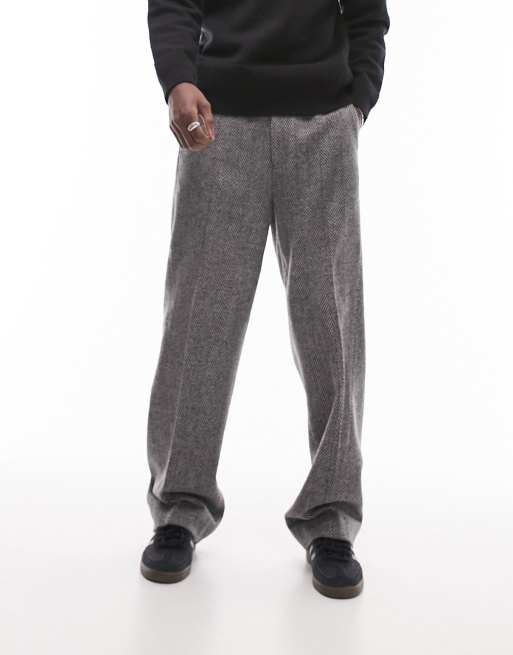 Topman - Broek met wijde pijpen van wolmix met visgraatmotief in grijs, 2 van 5