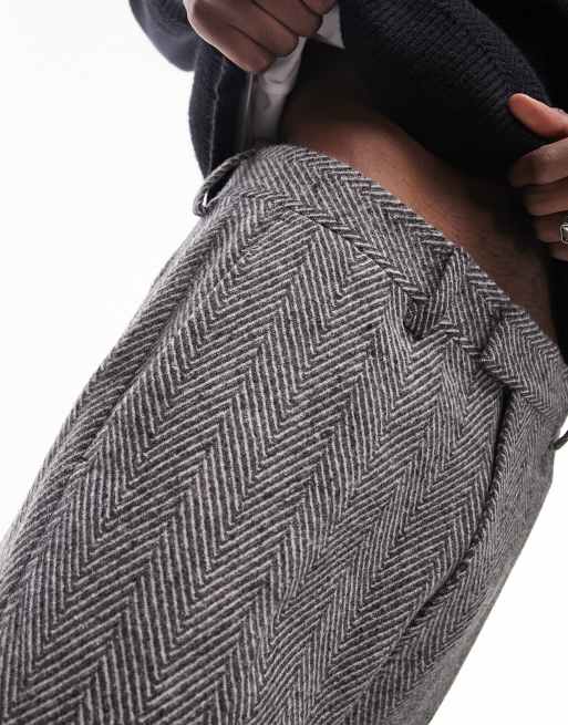 Topman - Broek met wijde pijpen van wolmix met visgraatmotief in grijs, 3 van 5