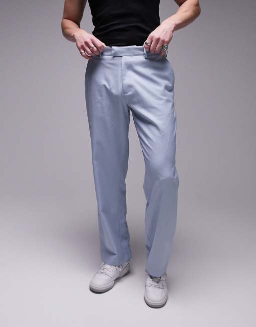 Topman - Broek van linnenmix met wijde pijpen in lichtblauw